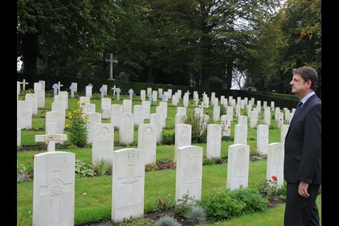 Andrew Caplen, Law Society president, visits British, French, German and Russian graves, Mons cemetery, Belgium.